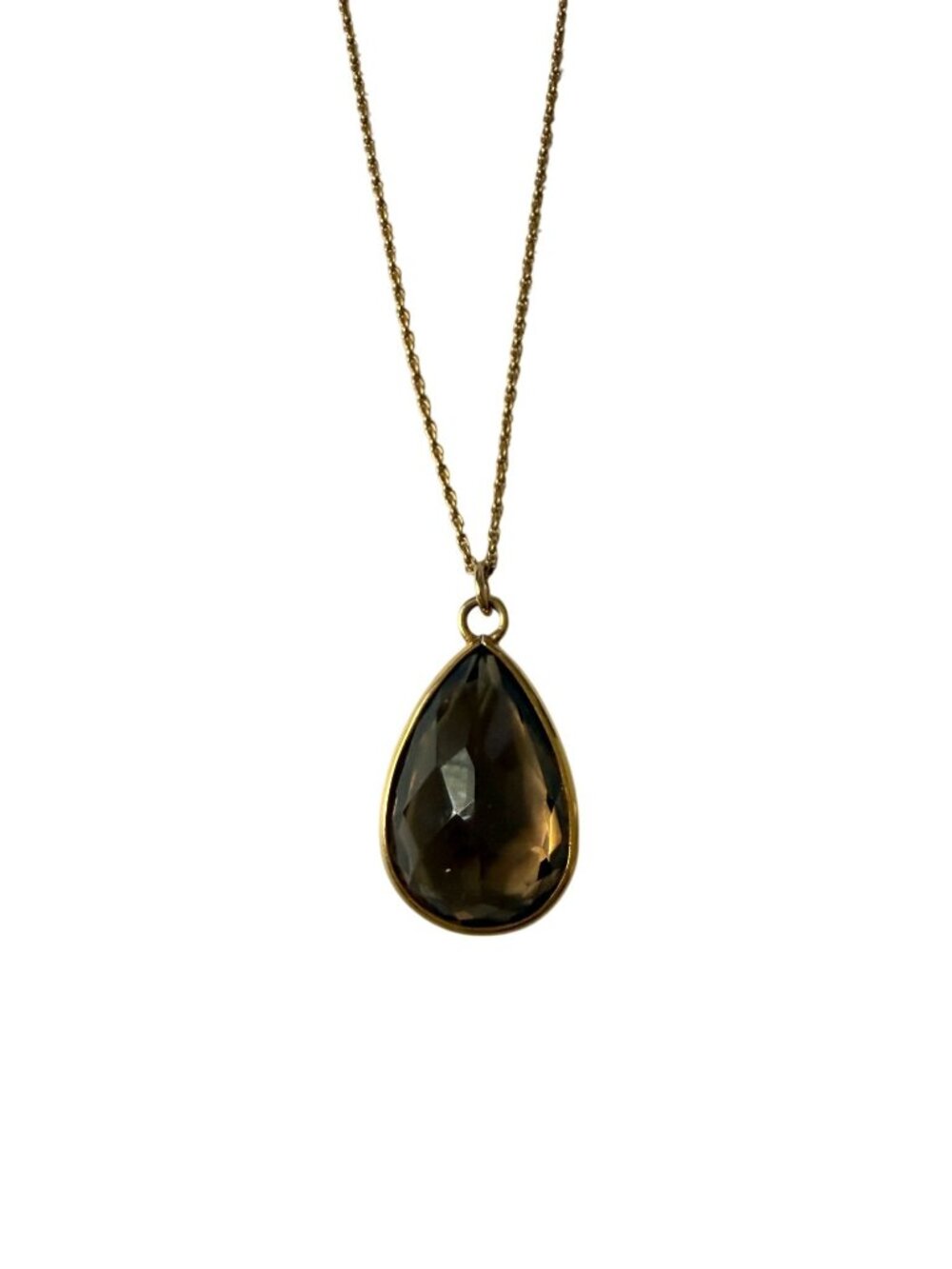 Gold Tone Smoky Brown Faceted Teardrop Pendant Necklace Glass Crystal Bezel